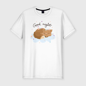Мужская футболка хлопок Slim с принтом Спящий котик в Тюмени, 92% хлопок, 8% лайкра | приталенный силуэт, круглый вырез ворота, длина до линии бедра, короткий рукав | cat | good night | милый котенок | спящий кот | цветы