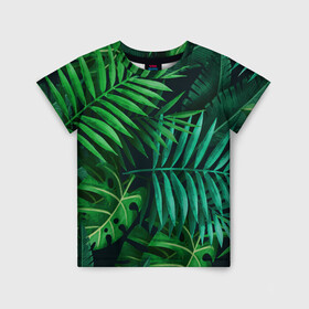 Детская футболка 3D с принтом Сочные тропики в Тюмени, 100% гипоаллергенный полиэфир | прямой крой, круглый вырез горловины, длина до линии бедер, чуть спущенное плечо, ткань немного тянется | заросли | кусты | лето | листья | пальма | тропики. зелень