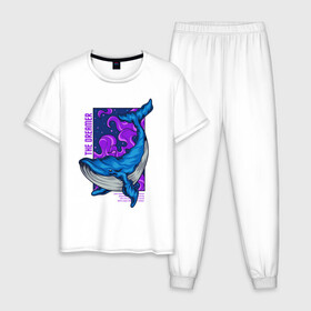 Мужская пижама хлопок с принтом Кит The dreamer в Тюмени, 100% хлопок | брюки и футболка прямого кроя, без карманов, на брюках мягкая резинка на поясе и по низу штанин
 | кит | кит the dreamer | мечтатель | море | океан | синий кит