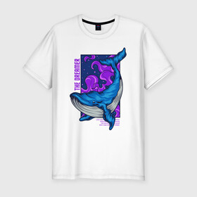 Мужская футболка хлопок Slim с принтом Кит The dreamer в Тюмени, 92% хлопок, 8% лайкра | приталенный силуэт, круглый вырез ворота, длина до линии бедра, короткий рукав | кит | кит the dreamer | мечтатель | море | океан | синий кит