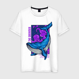 Мужская футболка хлопок с принтом Кит The dreamer в Тюмени, 100% хлопок | прямой крой, круглый вырез горловины, длина до линии бедер, слегка спущенное плечо. | Тематика изображения на принте: кит | кит the dreamer | мечтатель | море | океан | синий кит