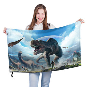 Флаг 3D с принтом Ark Survival Evolved в Тюмени, 100% полиэстер | плотность ткани — 95 г/м2, размер — 67 х 109 см. Принт наносится с одной стороны | ark | ark survival | dino | t rex | арк | арк сурвайвал | дино | динозавр | динозавры | спинозавр | тираннозавр