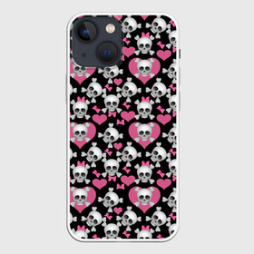 Чехол для iPhone 13 mini с принтом череп с бантом в Тюмени,  |  | бантики | розовое | сердца | череп | черный фон
