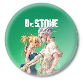 Значок с принтом Dr Stone в Тюмени,  металл | круглая форма, металлическая застежка в виде булавки | dr. stone | kohaku | senku | taiju | доктор стоун | исигами сэнку | кохаку | сэнку | тайдзю | цукаса