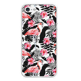 Чехол для iPhone 5/5S матовый с принтом фламинго и попугаи в Тюмени, Силикон | Область печати: задняя сторона чехла, без боковых панелей | птицы | тропики | фламинго