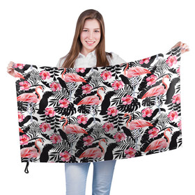 Флаг 3D с принтом фламинго и попугаи в Тюмени, 100% полиэстер | плотность ткани — 95 г/м2, размер — 67 х 109 см. Принт наносится с одной стороны | птицы | тропики | фламинго