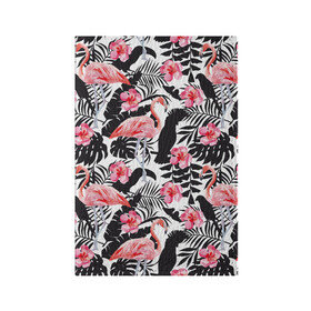 Обложка для паспорта матовая кожа с принтом фламинго и попугаи в Тюмени, натуральная матовая кожа | размер 19,3 х 13,7 см; прозрачные пластиковые крепления | птицы | тропики | фламинго