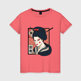 Женская футболка хлопок с принтом Традиционная Японская Гейша в Тюмени, 100% хлопок | прямой крой, круглый вырез горловины, длина до линии бедер, слегка спущенное плечо | art | geisha | girl | illustration | japan | japanese | kanji | kano | makeup | ukiyo e | арт | гравюра | девушка | иероглифы | иллюстрация | искусство | кандзи | картина | кимоно | макияж | мейкап | рисунок | укиё э | школа кано | я