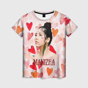 Женская футболка 3D с принтом Manizha на фоне сердечек в Тюмени, 100% полиэфир ( синтетическое хлопкоподобное полотно) | прямой крой, круглый вырез горловины, длина до линии бедер | manizha | далеровна | душанбе | евровидение | евровидение 2021 | манижа | певица | таджикистан | хамраева