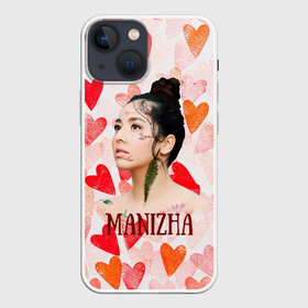 Чехол для iPhone 13 mini с принтом Manizha на фоне сердечек в Тюмени,  |  | Тематика изображения на принте: manizha | далеровна | душанбе | евровидение | евровидение 2021 | манижа | певица | таджикистан | хамраева