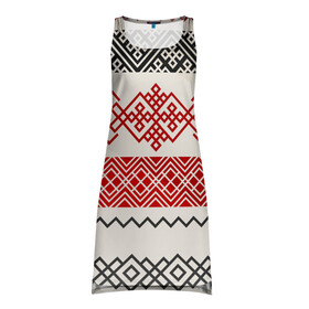 Платье-майка 3D с принтом Славянский узор красно-черный в Тюмени, 100% полиэстер | полуприлегающий силуэт, широкие бретели, круглый вырез горловины, удлиненный подол сзади. | линии | славяне | славянский узор | текстуры | угор