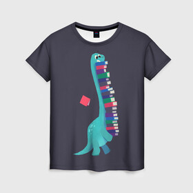 Женская футболка 3D с принтом Book Dinosaur в Тюмени, 100% полиэфир ( синтетическое хлопкоподобное полотно) | прямой крой, круглый вырез горловины, длина до линии бедер | barosaurus | book | books | dino | dinosaur | knowledge | study | барозавр | знания | книга | книги | книжный