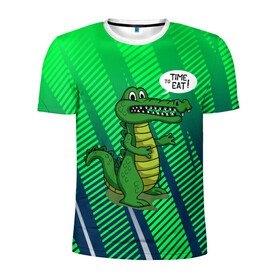 Мужская футболка 3D спортивная с принтом Крокодил: Время кушать  в Тюмени, 100% полиэстер с улучшенными характеристиками | приталенный силуэт, круглая горловина, широкие плечи, сужается к линии бедра | Тематика изображения на принте: время кушать | еда | крокодил | кушать | обед | прикол | ужин | шутка | юмор
