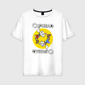 Женская футболка хлопок Oversize с принтом СapheadMugman в Тюмени, 100% хлопок | свободный крой, круглый ворот, спущенный рукав, длина до линии бедер
 | Тематика изображения на принте: caphead | cup | mugman | друг | капхед | капхейд | кружка | мугман