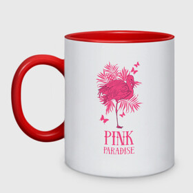 Кружка двухцветная с принтом pink paradise в Тюмени, керамика | объем — 330 мл, диаметр — 80 мм. Цветная ручка и кайма сверху, в некоторых цветах — вся внутренняя часть | flamingo | птицы | розовый | фламинго