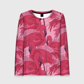 Женский лонгслив 3D с принтом розовые фламинго в Тюмени, 100% полиэстер | длинные рукава, круглый вырез горловины, полуприлегающий силуэт | flamingo | птицы | розовый | фламинго