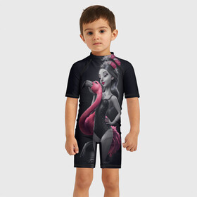 Детский купальный костюм 3D с принтом девушка с фламинго  в Тюмени, Полиэстер 85%, Спандекс 15% | застежка на молнии на спине | flamingo | птицы | розовый | фламинго