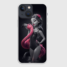 Чехол для iPhone 13 mini с принтом девушка с фламинго в Тюмени,  |  | flamingo | птицы | розовый | фламинго