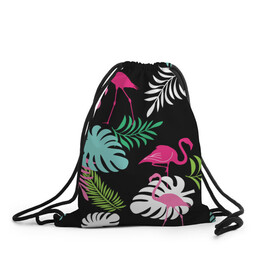 Рюкзак-мешок 3D с принтом фламинго с цветами в Тюмени, 100% полиэстер | плотность ткани — 200 г/м2, размер — 35 х 45 см; лямки — толстые шнурки, застежка на шнуровке, без карманов и подкладки | flamingo | птицы | розовый | фламинго