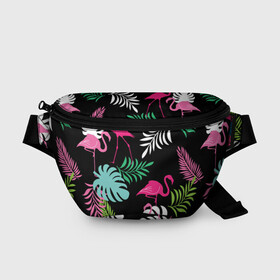 Поясная сумка 3D с принтом фламинго с цветами в Тюмени, 100% полиэстер | плотная ткань, ремень с регулируемой длиной, внутри несколько карманов для мелочей, основное отделение и карман с обратной стороны сумки застегиваются на молнию | flamingo | птицы | розовый | фламинго