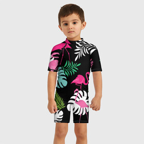Детский купальный костюм 3D с принтом фламинго с цветами  в Тюмени, Полиэстер 85%, Спандекс 15% | застежка на молнии на спине | flamingo | птицы | розовый | фламинго