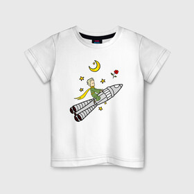 Детская футболка хлопок с принтом Маленький принц на ракете в Тюмени, 100% хлопок | круглый вырез горловины, полуприлегающий силуэт, длина до линии бедер | Тематика изображения на принте: baby | dreams | little prince | prince | rocket | space | stars | the little prince | детские | звезды | космонавт | космос | луна | маленький принц | малыш | месяц | мечты | полет | полумесяц | принц | ракета | ребенок | роза | сказки