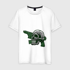 Мужская футболка хлопок с принтом Череп с оружием в Тюмени, 100% хлопок | прямой крой, круглый вырез горловины, длина до линии бедер, слегка спущенное плечо. | ak | bone | dead | death | horror | skull | weapon | автомат | кости | оружие | ужасы | хоррор | череп