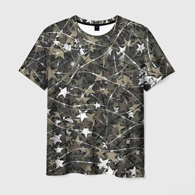 Мужская футболка 3D с принтом Звёзды и колючки в Тюмени, 100% полиэфир | прямой крой, круглый вырез горловины, длина до линии бедер | Тематика изображения на принте: звезда | звездатый | камуфляж | колючая проволока | милитари | паттерн | хаки | шипы