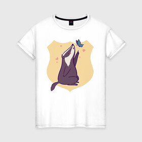 Женская футболка хлопок с принтом Барсук и бабочка в Тюмени, 100% хлопок | прямой крой, круглый вырез горловины, длина до линии бедер, слегка спущенное плечо | animals | бабочка | барсук | барсук и бабочка | животное | зверь | насекомое | сердечко
