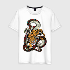 Мужская футболка хлопок с принтом Тигр и Змея Борьба в Тюмени, 100% хлопок | прямой крой, круглый вырез горловины, длина до линии бедер, слегка спущенное плечо. | beast | snake | tiger | борьба | животные | звери | змеи | зубы | когти | кошки | тигры | узор