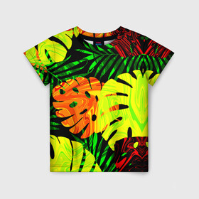 Детская футболка 3D с принтом ЛИСТЬЯ  в Тюмени, 100% гипоаллергенный полиэфир | прямой крой, круглый вырез горловины, длина до линии бедер, чуть спущенное плечо, ткань немного тянется | summer | джунгли | зелень | кислотный | лесной | летний принт | лето | листья папоротника | огненный | пальмовые листья | пальмы | папоротник | свежий | стильный | тренд | тропики | тропический камуфляж