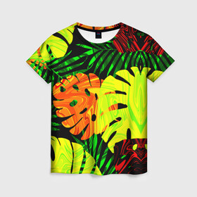 Женская футболка 3D с принтом ЛИСТЬЯ  в Тюмени, 100% полиэфир ( синтетическое хлопкоподобное полотно) | прямой крой, круглый вырез горловины, длина до линии бедер | summer | джунгли | зелень | кислотный | лесной | летний принт | лето | листья папоротника | огненный | пальмовые листья | пальмы | папоротник | свежий | стильный | тренд | тропики | тропический камуфляж