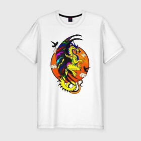 Мужская футболка хлопок Slim с принтом Красочный дракон в Тюмени, 92% хлопок, 8% лайкра | приталенный силуэт, круглый вырез ворота, длина до линии бедра, короткий рукав | deagon | fantasy | monster | wings | вороны | дракон | животные | зверь | змей | китайский дракон | крылья | луна | мифические существа | монстр | облака | огненный | огонь | пламя | птицы | радужный | сказочный
