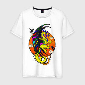 Мужская футболка хлопок с принтом Красочный дракон в Тюмени, 100% хлопок | прямой крой, круглый вырез горловины, длина до линии бедер, слегка спущенное плечо. | deagon | fantasy | monster | wings | вороны | дракон | животные | зверь | змей | китайский дракон | крылья | луна | мифические существа | монстр | облака | огненный | огонь | пламя | птицы | радужный | сказочный