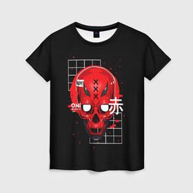 Женская футболка 3D с принтом КРАСНЫЙ ЧЕРЕП КИБЕРПАНК в Тюмени, 100% полиэфир ( синтетическое хлопкоподобное полотно) | прямой крой, круглый вырез горловины, длина до линии бедер | bones | cyberpunk | geometry | oni | red skull | skull | геометрия | иероглифы | киберпанк | красный череп | они | череп
