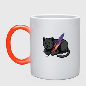 Кружка хамелеон с принтом Чёрный кот с пёрышком в Тюмени, керамика | меняет цвет при нагревании, емкость 330 мл | black cat | cats | cute | feather | fluffy | kitten | kitty | playful | pussy | pussycat | британская кошка | британский кот | градиент | играет с пером | киса | котенок | кошечка | кошка | милота | перо | прикол | пус | пусси | пушистый кот 