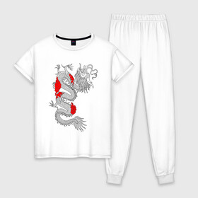 Женская пижама хлопок с принтом Японский Дракон в Тюмени, 100% хлопок | брюки и футболка прямого кроя, без карманов, на брюках мягкая резинка на поясе и по низу штанин | akatsuki | beast | dragon | акацуки | дракон | животные | зверь | змей | когти | облако | огонь | узор | чб | японский
