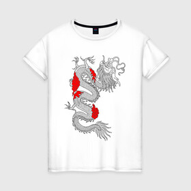 Женская футболка хлопок с принтом Японский Дракон в Тюмени, 100% хлопок | прямой крой, круглый вырез горловины, длина до линии бедер, слегка спущенное плечо | akatsuki | beast | dragon | акацуки | дракон | животные | зверь | змей | когти | облако | огонь | узор | чб | японский