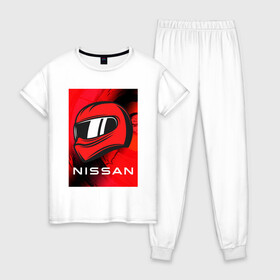 Женская пижама хлопок с принтом Nissan - Paint в Тюмени, 100% хлопок | брюки и футболка прямого кроя, без карманов, на брюках мягкая резинка на поясе и по низу штанин | auto | logo | moto | nissan | symbol | авто | автомобиль | гонки | знак | краска | лого | логотип | логотипы | марка | машина | мото | ниссан | символ | символы