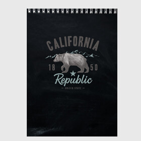 Скетчбук с принтом California republic в Тюмени, 100% бумага
 | 48 листов, плотность листов — 100 г/м2, плотность картонной обложки — 250 г/м2. Листы скреплены сверху удобной пружинной спиралью | bear | california | republic | state | калифорния | медведь | республика