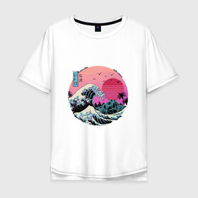 Мужская футболка хлопок Oversize с принтом БОЛЬШАЯ ВОЛНА | BIG WAVE в Тюмени, 100% хлопок | свободный крой, круглый ворот, “спинка” длиннее передней части | japan. | sunset | закат | иероглифы | птицы | япония