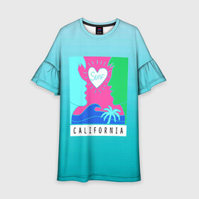 Детское платье 3D с принтом CALIFORNIA SURF в Тюмени, 100% полиэстер | прямой силуэт, чуть расширенный к низу. Круглая горловина, на рукавах — воланы | Тематика изображения на принте: california | love | surf | влюбленные | закат | калифорния | любовь | море | пальма