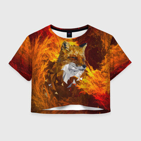 Женская футболка Crop-top 3D с принтом Огненный Лис в Тюмени, 100% полиэстер | круглая горловина, длина футболки до линии талии, рукава с отворотами | animal | fire | fox | texture | битва огней | животные | лис | лиса | огонь | пламя | стихия | текстура