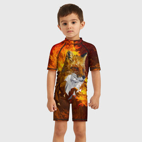 Детский купальный костюм 3D с принтом Огненный Лис в Тюмени, Полиэстер 85%, Спандекс 15% | застежка на молнии на спине | Тематика изображения на принте: animal | fire | fox | texture | битва огней | животные | лис | лиса | огонь | пламя | стихия | текстура