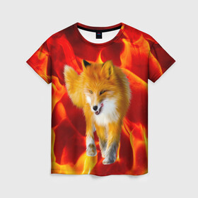 Женская футболка 3D с принтом Fire Fox в Тюмени, 100% полиэфир ( синтетическое хлопкоподобное полотно) | прямой крой, круглый вырез горловины, длина до линии бедер | animal | fire | fox | texture | битва огней | животные | лис | лиса | огонь | пламя | стихия | текстура