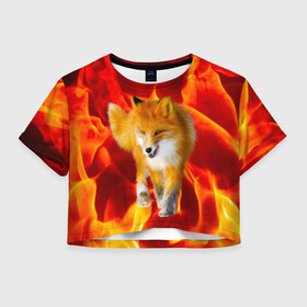 Женская футболка Crop-top 3D с принтом Fire Fox в Тюмени, 100% полиэстер | круглая горловина, длина футболки до линии талии, рукава с отворотами | animal | fire | fox | texture | битва огней | животные | лис | лиса | огонь | пламя | стихия | текстура