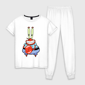 Женская пижама хлопок с принтом Мистер Крабс в Тюмени, 100% хлопок | брюки и футболка прямого кроя, без карманов, на брюках мягкая резинка на поясе и по низу штанин | mister crabs | sponge bob | губка боб | мистер крабс