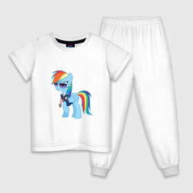Детская пижама хлопок с принтом Pony - Rainbow Dash в Тюмени, 100% хлопок |  брюки и футболка прямого кроя, без карманов, на брюках мягкая резинка на поясе и по низу штанин
 | Тематика изображения на принте: applejack | friendship | mylittlepony | rainbow dash | twilight sparkle | waifu | вайфу | дружба это магия | кони | моя маленькая пони | мультфильм | пони | радуга | ренбоу деш | эплджек