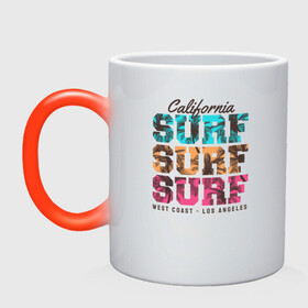 Кружка хамелеон с принтом Surf в Тюмени, керамика | меняет цвет при нагревании, емкость 330 мл | Тематика изображения на принте: surf | usa | калифорния | лето | море