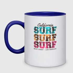 Кружка двухцветная с принтом Surf в Тюмени, керамика | объем — 330 мл, диаметр — 80 мм. Цветная ручка и кайма сверху, в некоторых цветах — вся внутренняя часть | surf | usa | калифорния | лето | море